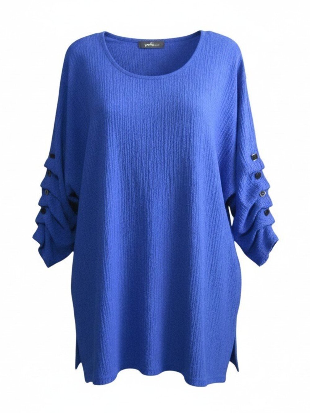 Yushi Blue Textured Tunic Top Womens Size XL 3/4 Button Sleeve Lagenlook Slits